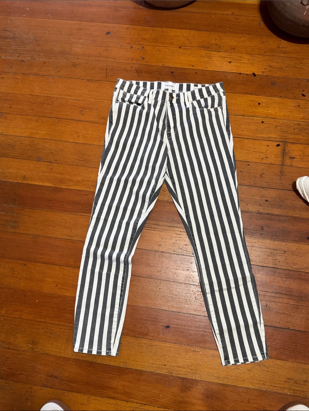 Frame Denim Black and White Vertical Stripe Jeans